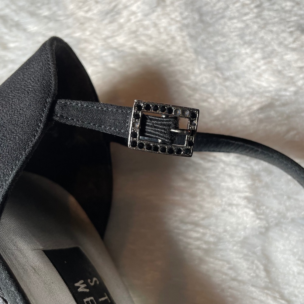 VTG Stuart Weitzman Black Satin Ankle Strap Pointed Toe Block Heel Pumps 7.5 B - Picture 9 of 9